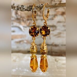 Victorian  Honey Citrine Crystal And Glass In Gold Plated Drop Earrings